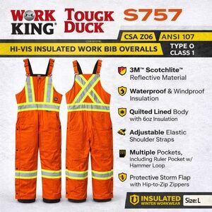 Work King Tough Duck S757 Hi-Vis Insulated Bib Overall CSA ANSI Reflective Large